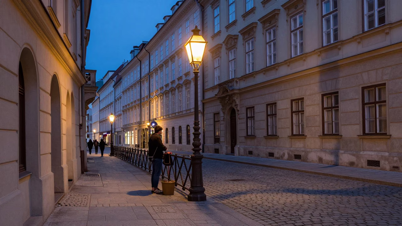 Vienna Blue Hour Street Scene with Vintage Brass Lantern and Local Cafe in in Vienna, Austria