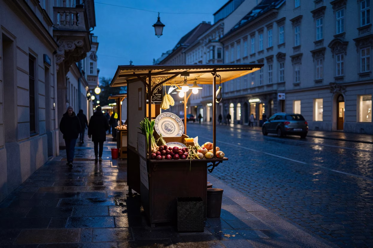 Vienna Blue Hour Street Scene with Vintage Plate and Onions in Market Stall in in Vienna, Austria
