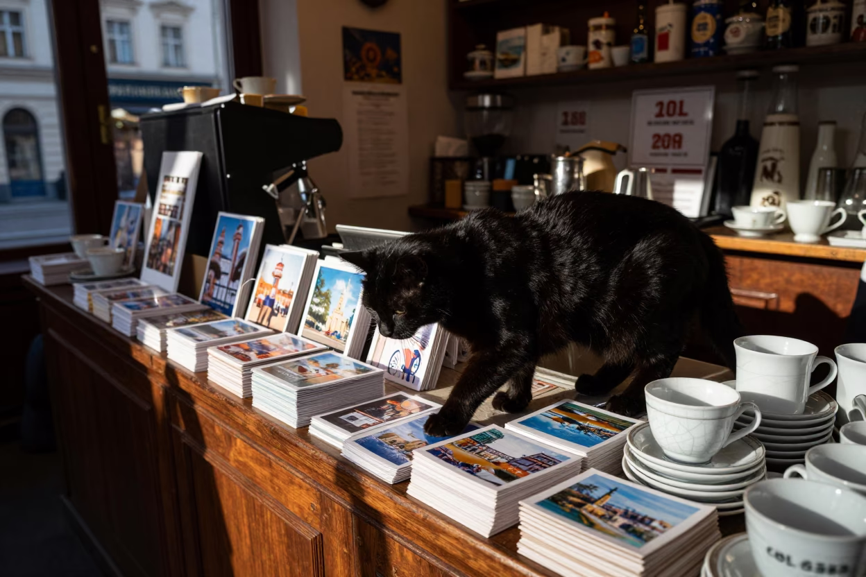 Vienna cafe counter with black cat and postcards in in Vienna, Austria