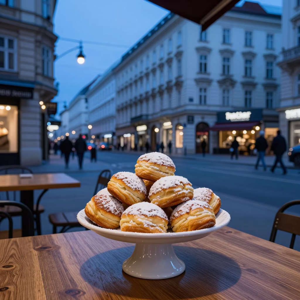 Vienna Cafe Evening Blue Hour Street Scene with Pastries and Urban Life in in Vienna, Austria