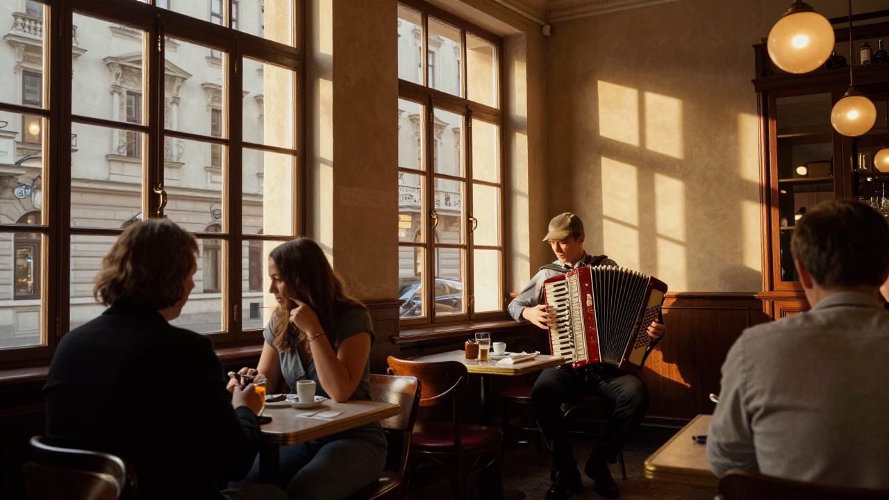 Vienna Cafe Evening Light with Accordion Player and Patrons in in Vienna, Austria