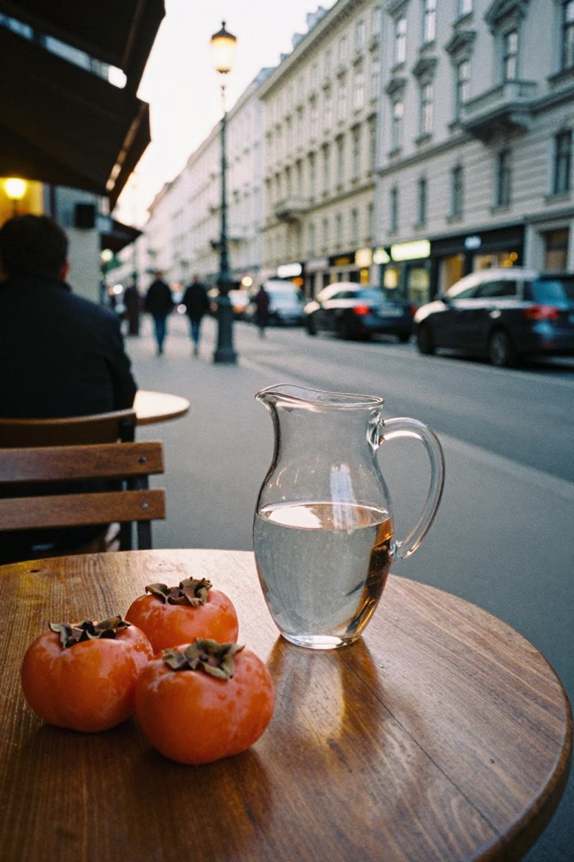 Vienna Cafe Evening Light with Persimmons and Glass Pitcher on Outdoor Terrace in in Vienna, Austria