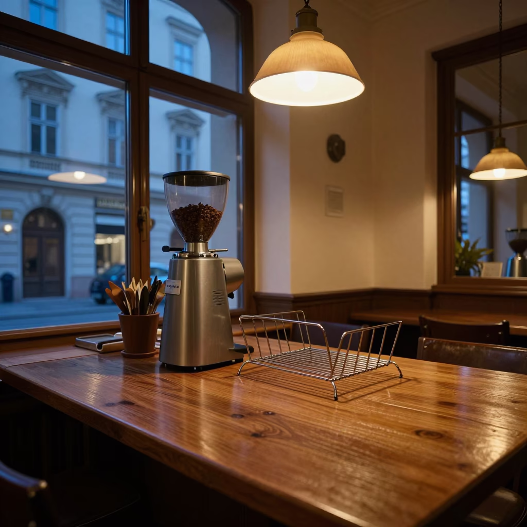 Vienna Cafe Interior at Blue Hour with Coffee Grinder and Drying Rack in in Vienna, Austria