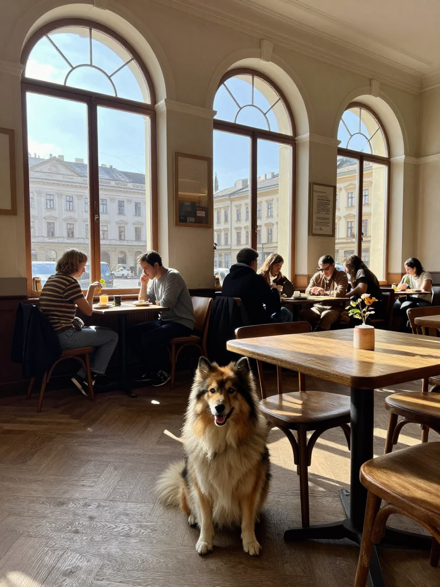 Vienna Cafe Interior Late Afternoon with Norwegian Buhund and Tea Stained Tiles in in Vienna, Austria