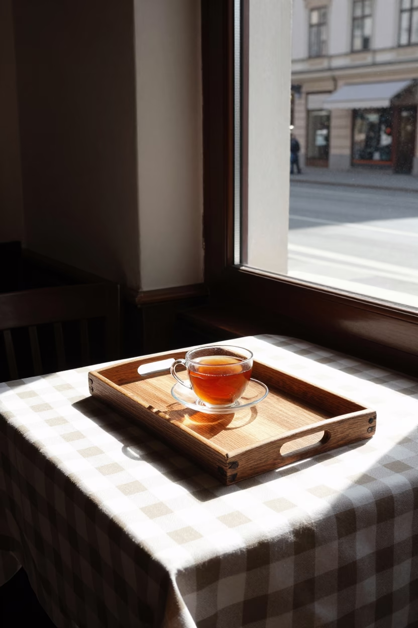 Vienna Cafe Interior Midday Light Wooden Tray with Tea Towel and Fern in in Vienna, Austria