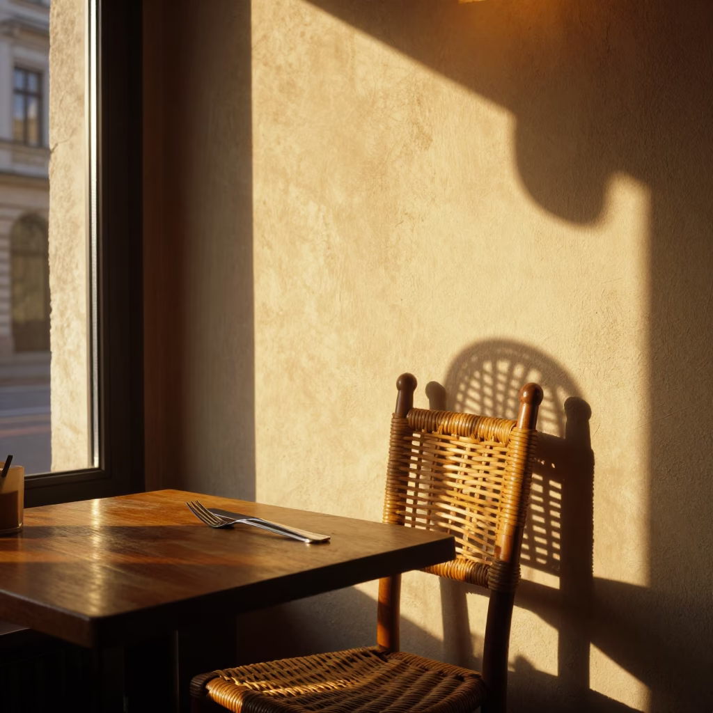 Vienna Cafe Interior with Wicker Shadow and Cutlery at Golden Hour in in Vienna, Austria