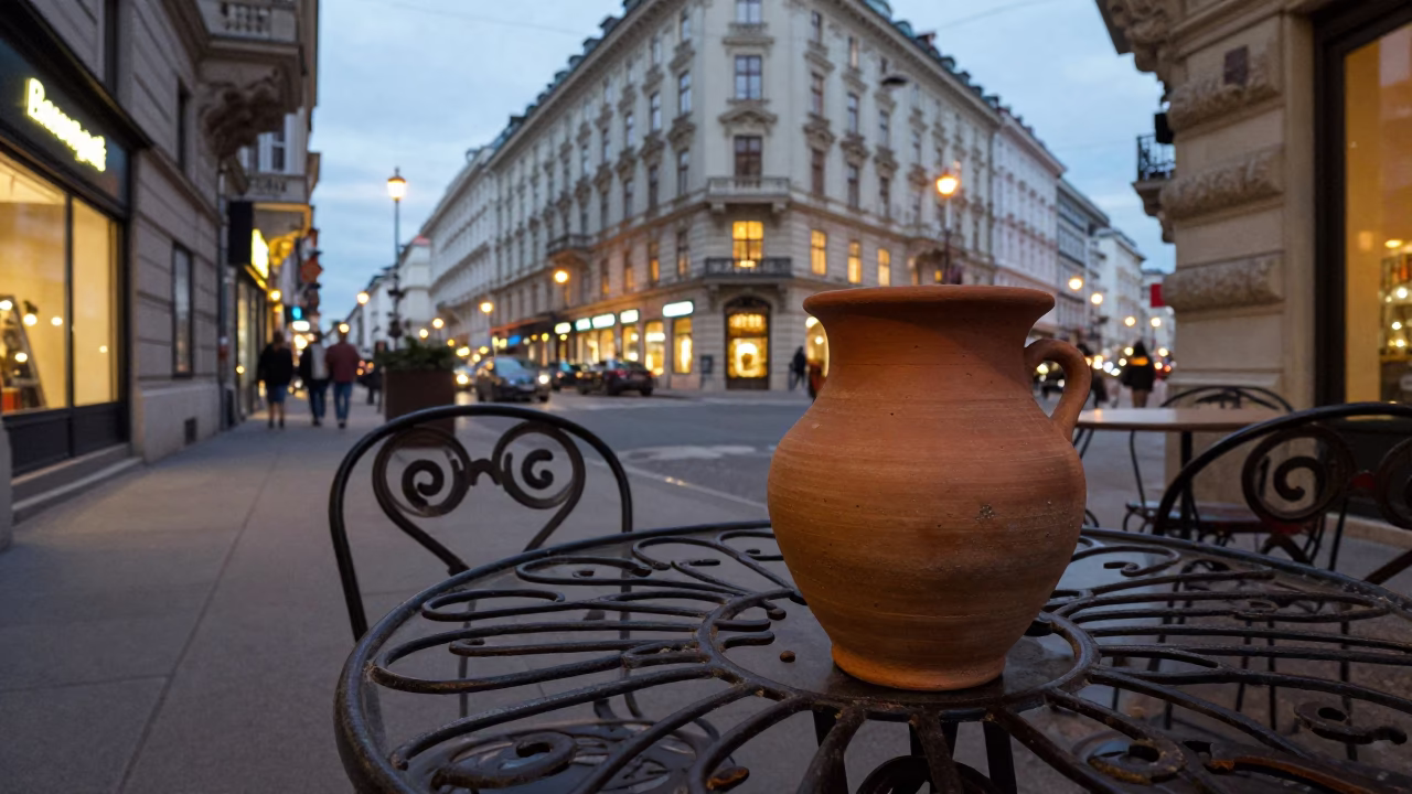 Vienna Cafe Street Scene at Dusk with Clay Pot and Dates in in Vienna, Austria