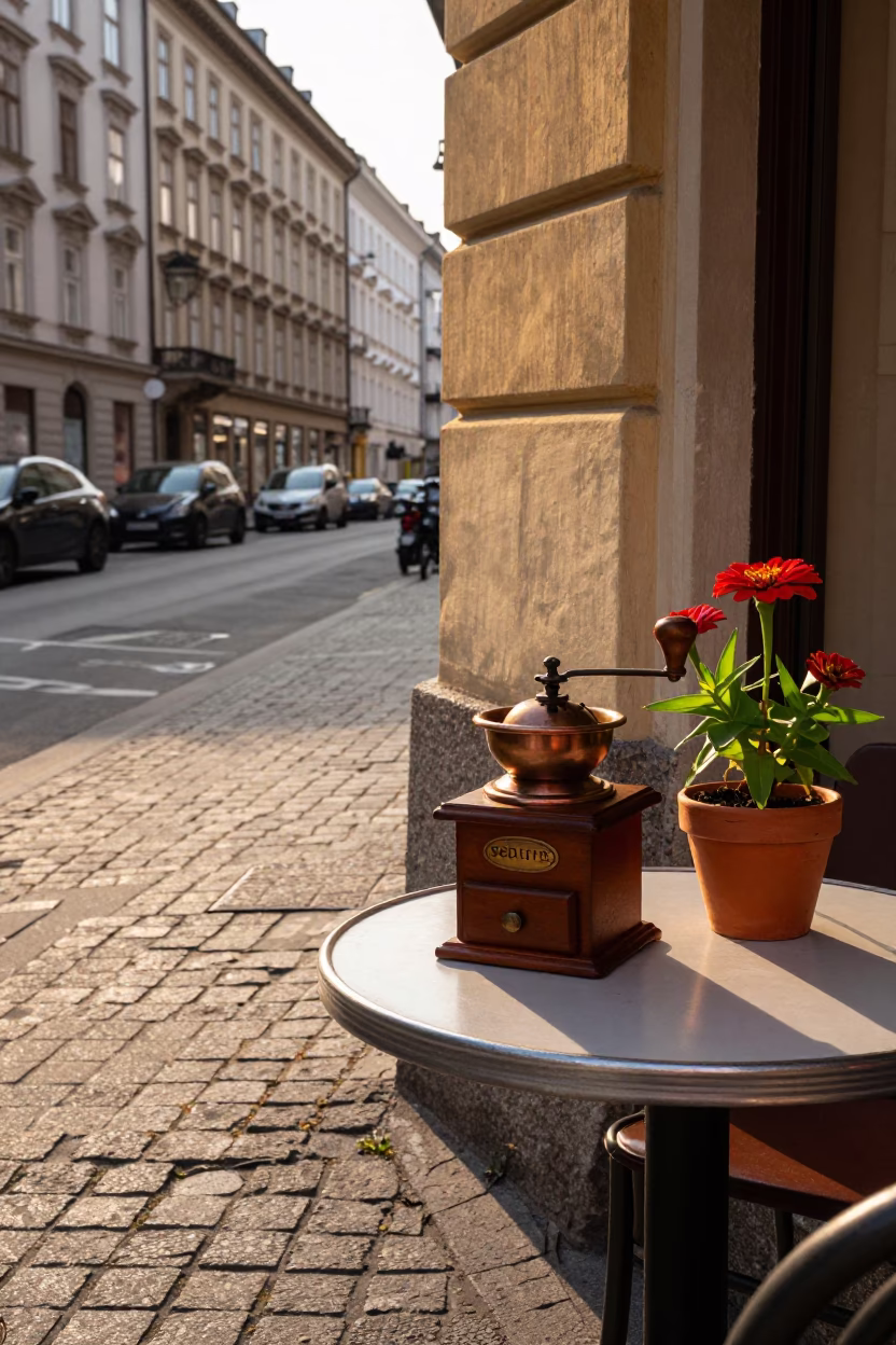 Vienna Cafe Street Scene at Sunset with Vintage Coffee Grinder and Zinnias in in Vienna, Austria