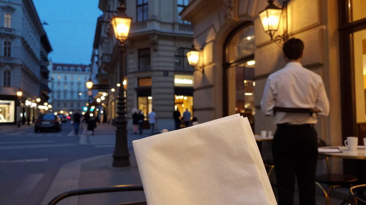 Vienna Cafe Street Scene Evening Glow with Linen Napkin and Local Interaction in in Vienna, Austria