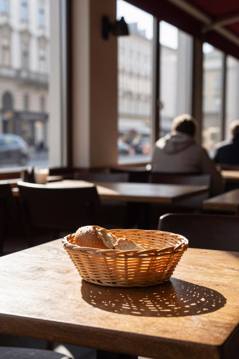 Vienna Cafe Street Scene Late Morning with Bread Basket and Linen in in Vienna, Austria
