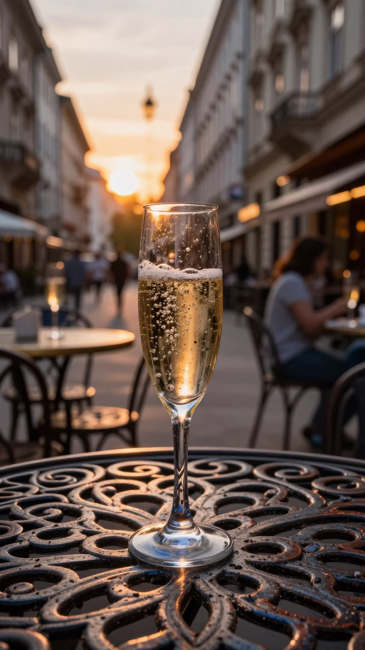 Vienna Cafe Sunset Glass Champagne Water Rings Blue Porcelain Plate in in Vienna, Austria