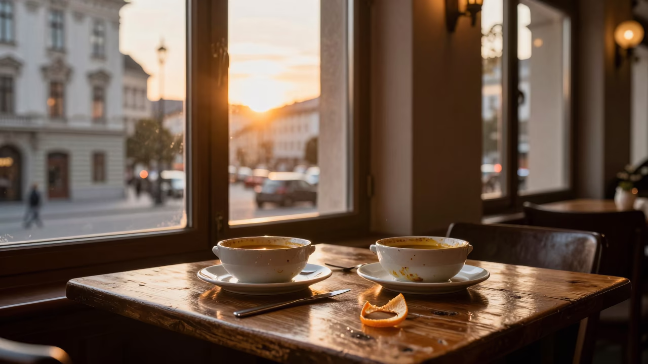Vienna Cafe Table at Sunset with Orange Peel and Soup Bowls in in Vienna, Austria