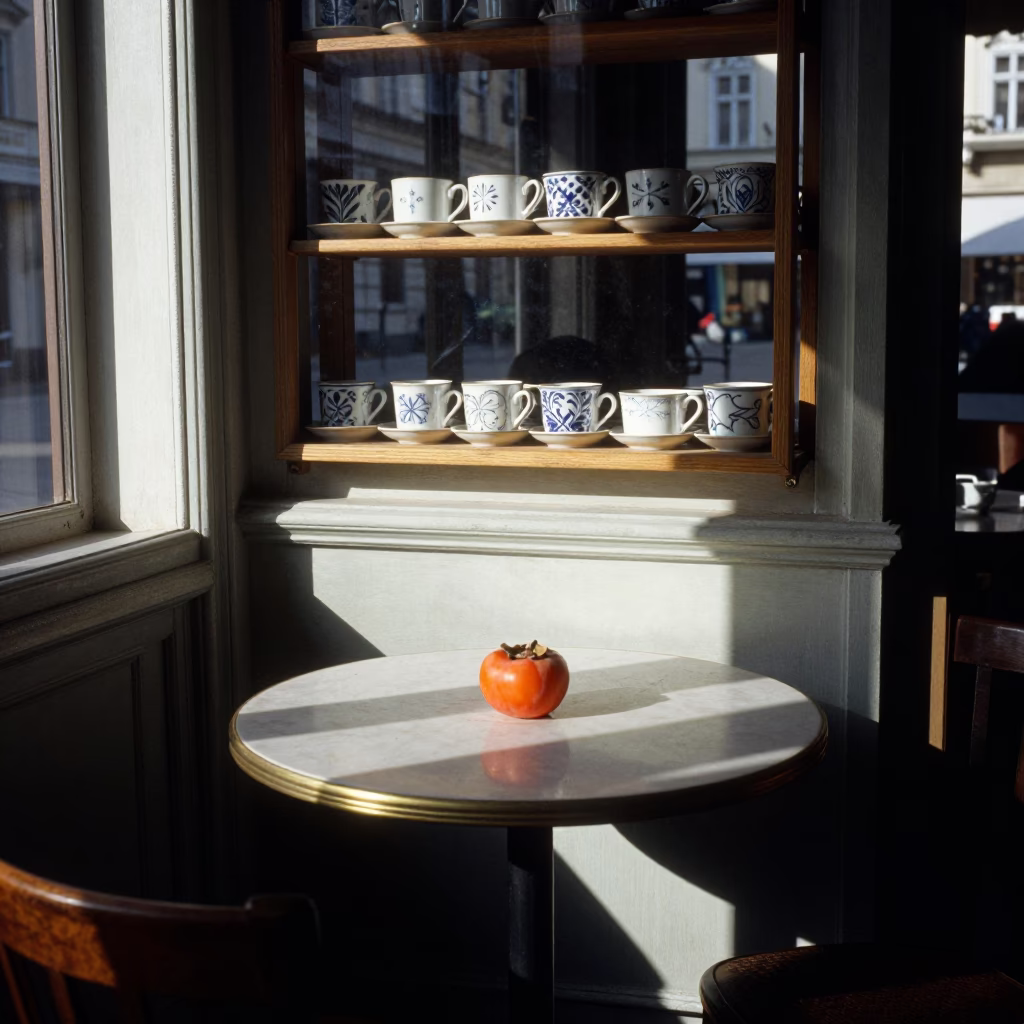 Vienna Cafe Table with Persimmons and Sunlight in Late Afternoon in in Vienna, Austria