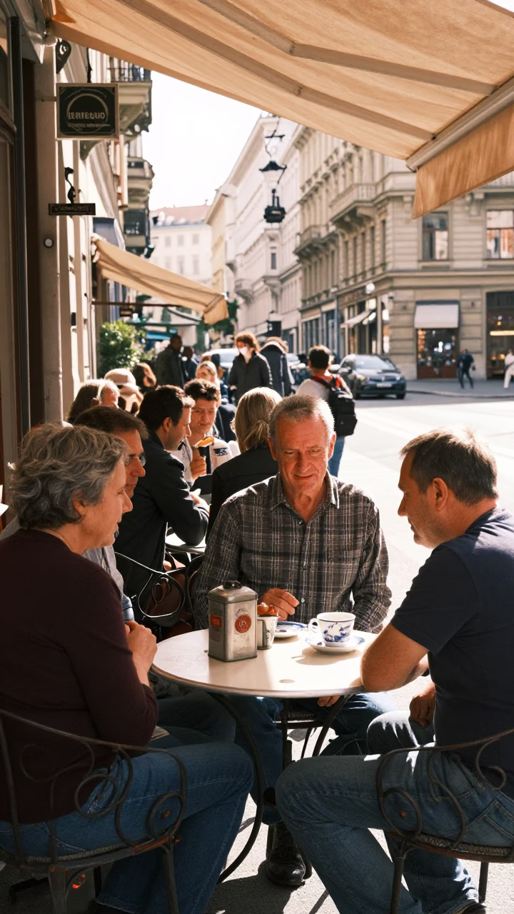 Vienna Cafe Terrace at Bright Midmorning Light in in Vienna, Austria