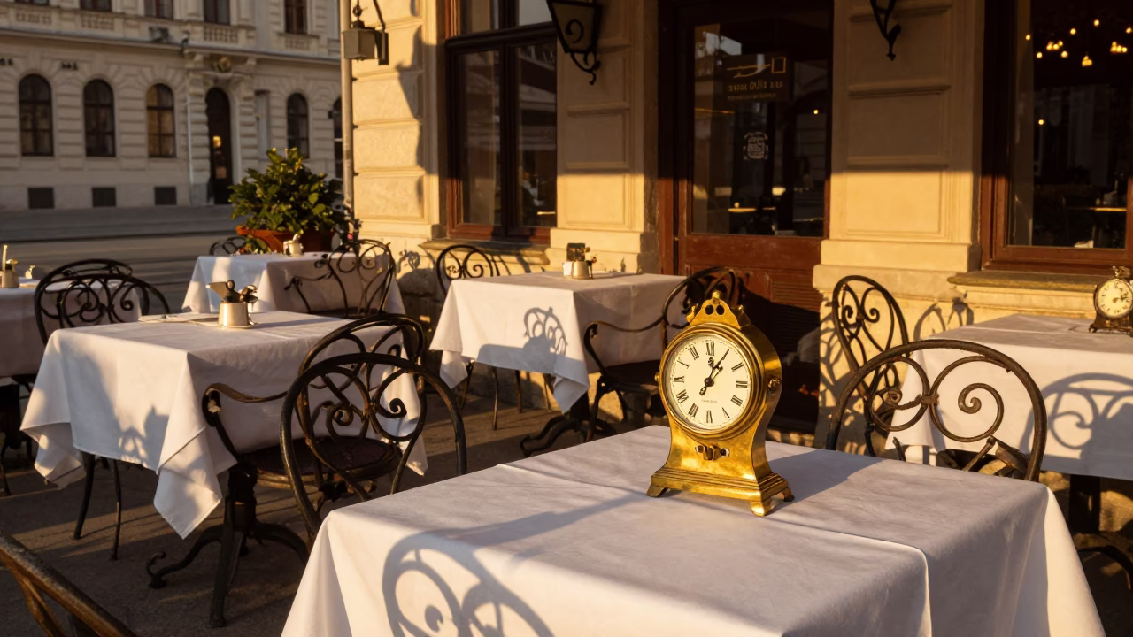 Vienna Cafe Terrace Evening Light and Chess Clock on Wooden Table in in Vienna, Austria
