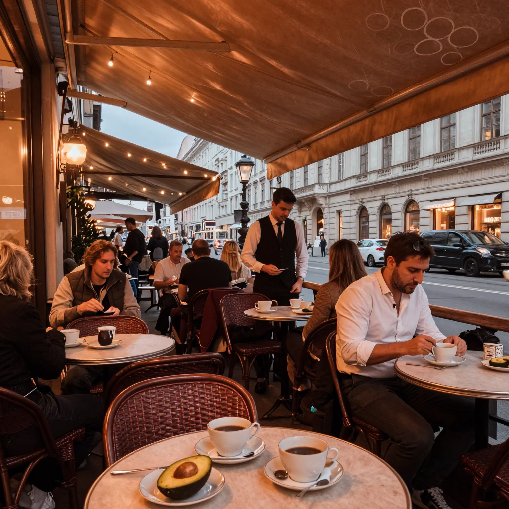 Vienna Cafe Terrace Evening Scene with Avocados and Tea Cup Details in in Vienna, Austria