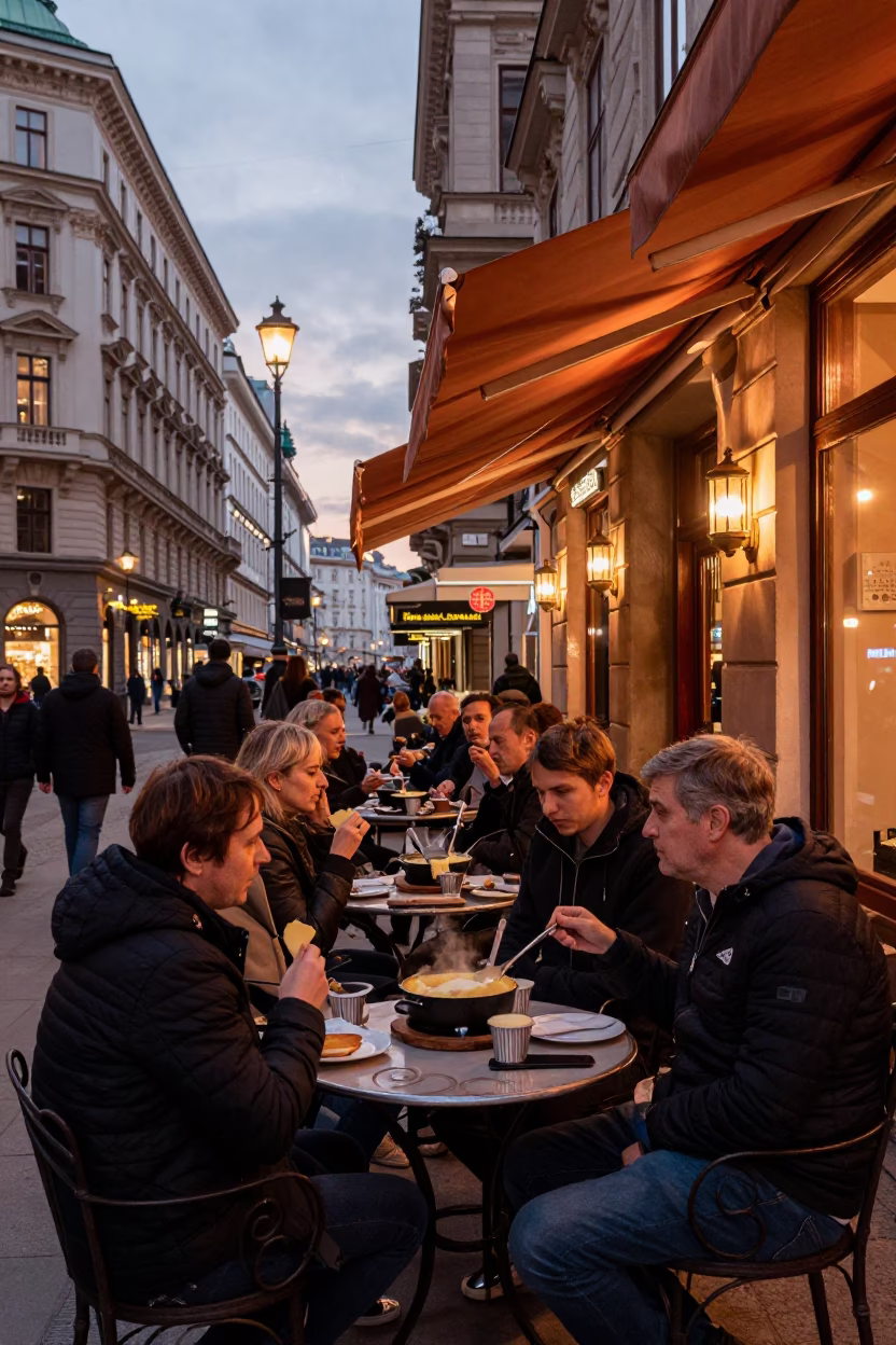 Vienna Cafe Terrace in Copper Dusk with Patrons Enjoying Raclette and Wine in in Vienna, Austria