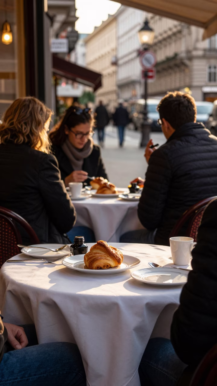 Vienna Café Terrace in Honeyed Evening Light with Pastries and Ink Bottle in in Vienna, Austria