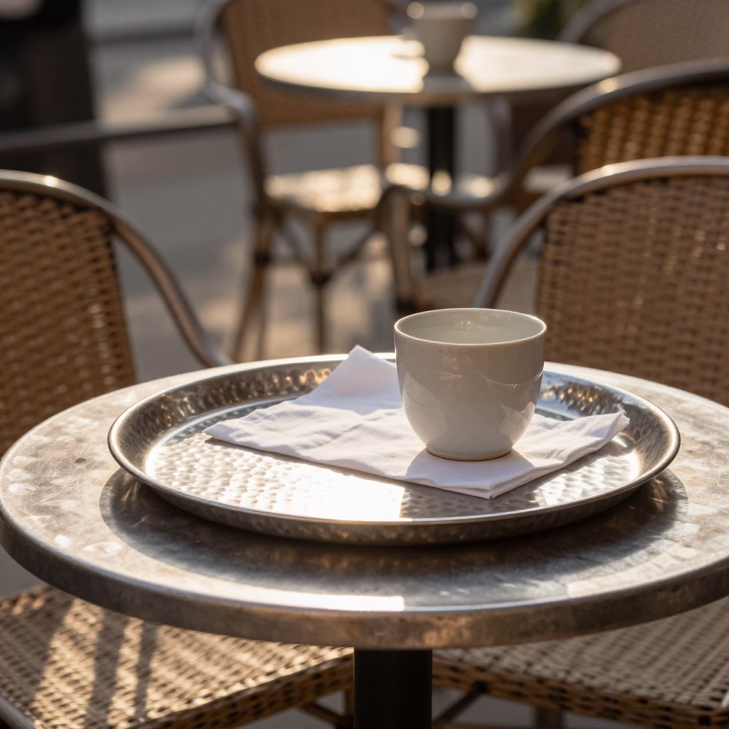 Vienna Cafe Terrace Late Afternoon Light on Metal and Linen in in Vienna, Austria