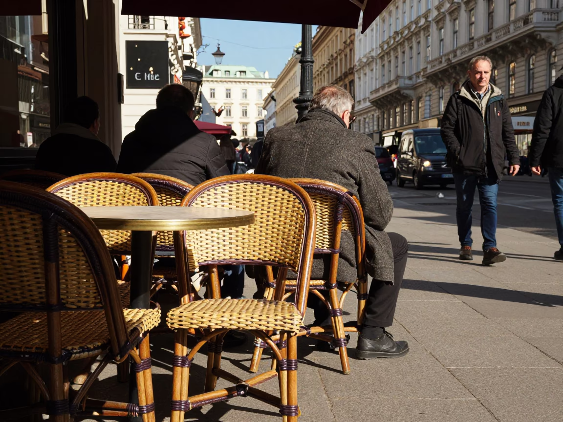 Vienna Cafe Terrace Late Afternoon Light with Wicker Chair and Local Interaction in in Vienna, Austria