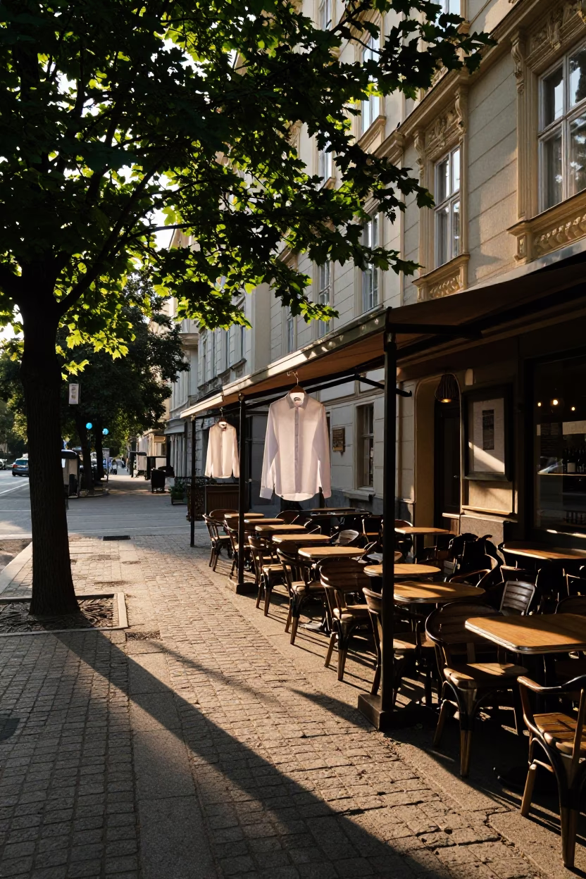 Vienna Cafe Terrace Late Afternoon Shot with Shirt Hanger and Urban Street Life in in Vienna, Austria