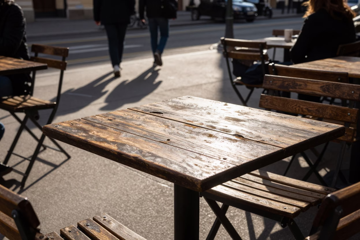 Vienna Cafe Terrace Late Afternoon Sunlight on Wooden Furniture and Tea Stains in in Vienna, Austria