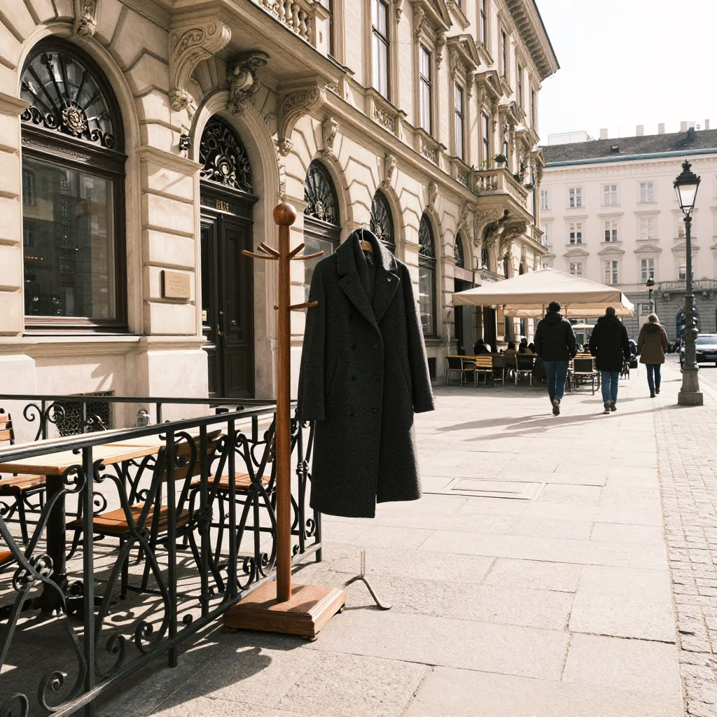 Vienna Cafe Terrace Late Morning Street Scene with Coat Stand and Glass Cloche in in Vienna, Austria