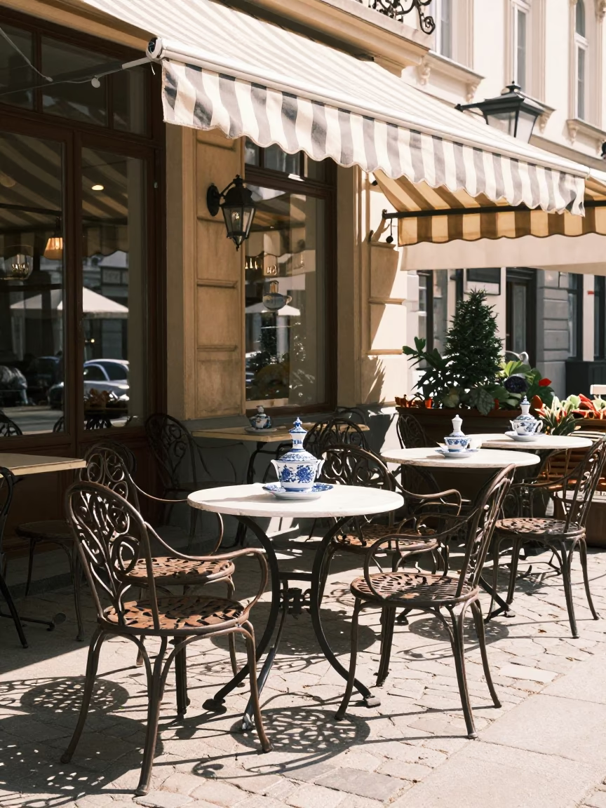Vienna Cafe Terrace Morning Light with Blue White Porcelain Bowl and Perfect Espresso Crema in in Vienna, Austria