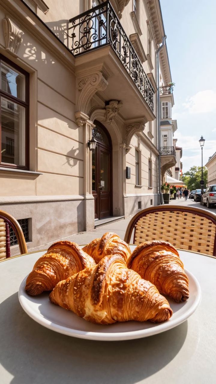 Vienna Cafe Terrace Morning Light with Fresh Croissants and Local Street Scene in in Vienna, Austria