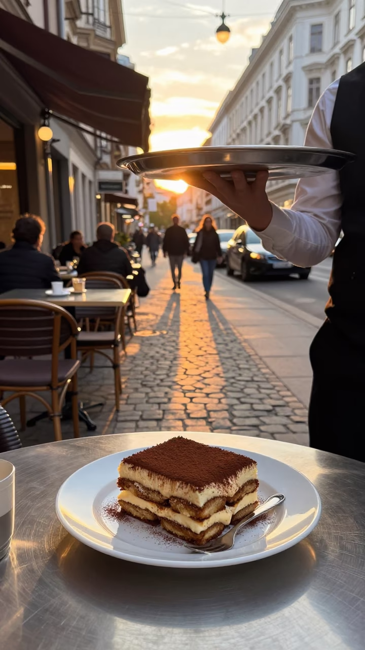 Vienna Cafe Terrace Sunset Plated Tiramisu and Brushed Steel Wall in in Vienna, Austria