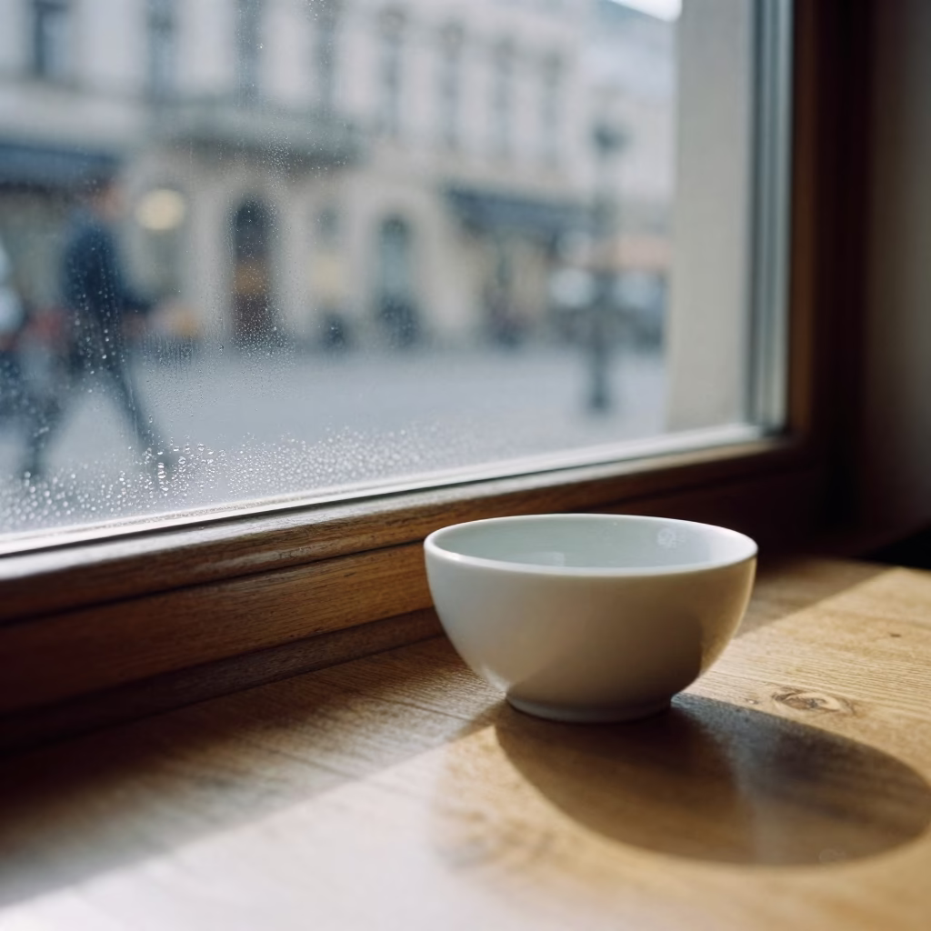 Vienna Cafe Window Sill Condensation and Ceramic Bowl in Late Afternoon Light in in Vienna, Austria