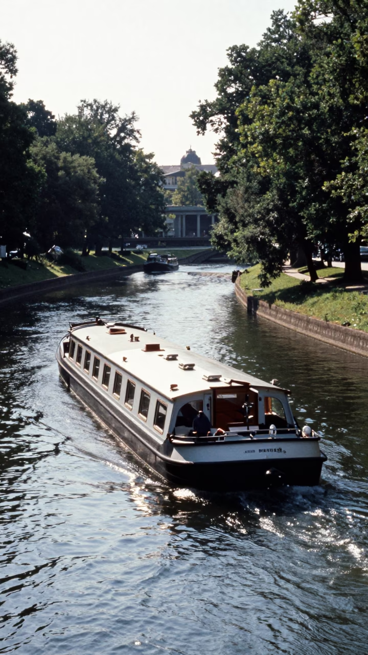 Vienna Canal Bend with Barge and Tree Line in Bright Midmorning Light in in Vienna, Austria