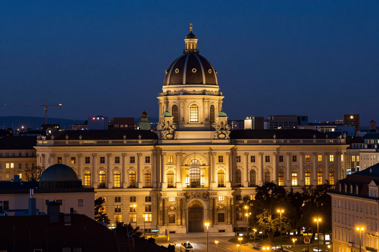Vienna City Lights Glow Over Historic Architecture and Evening Street Scene in in Vienna, Austria