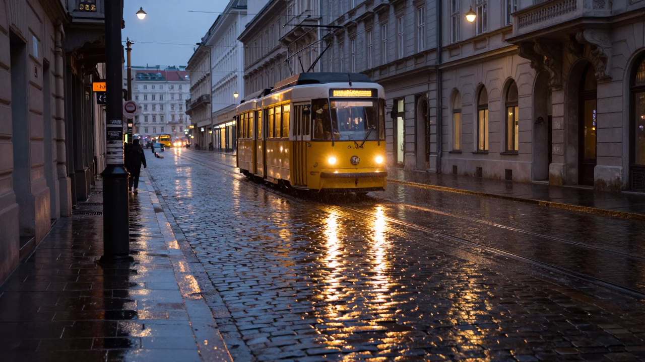 Vienna Cobblestone Street Reflections Tramcar and City Lights at Dusk in in Vienna, Austria