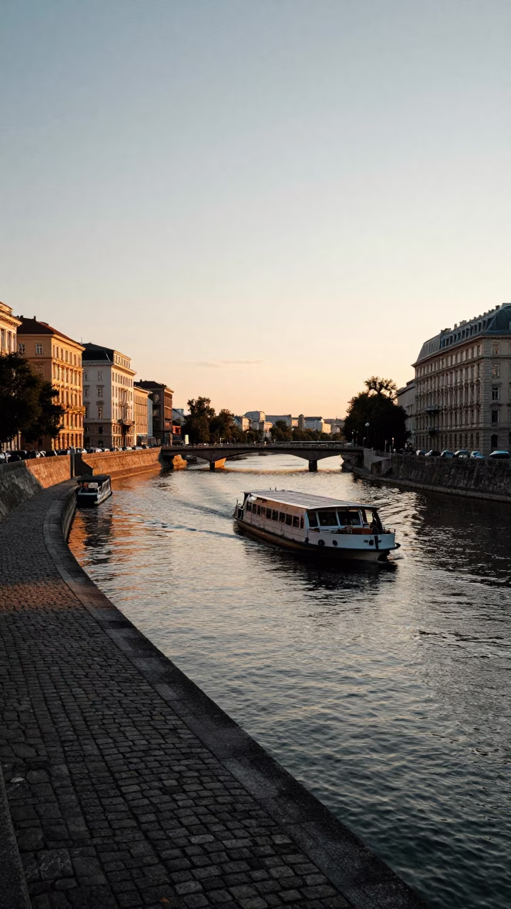 Vienna Danube Canal at Sunset with Water Taxi and Historic Architecture in in Vienna, Austria