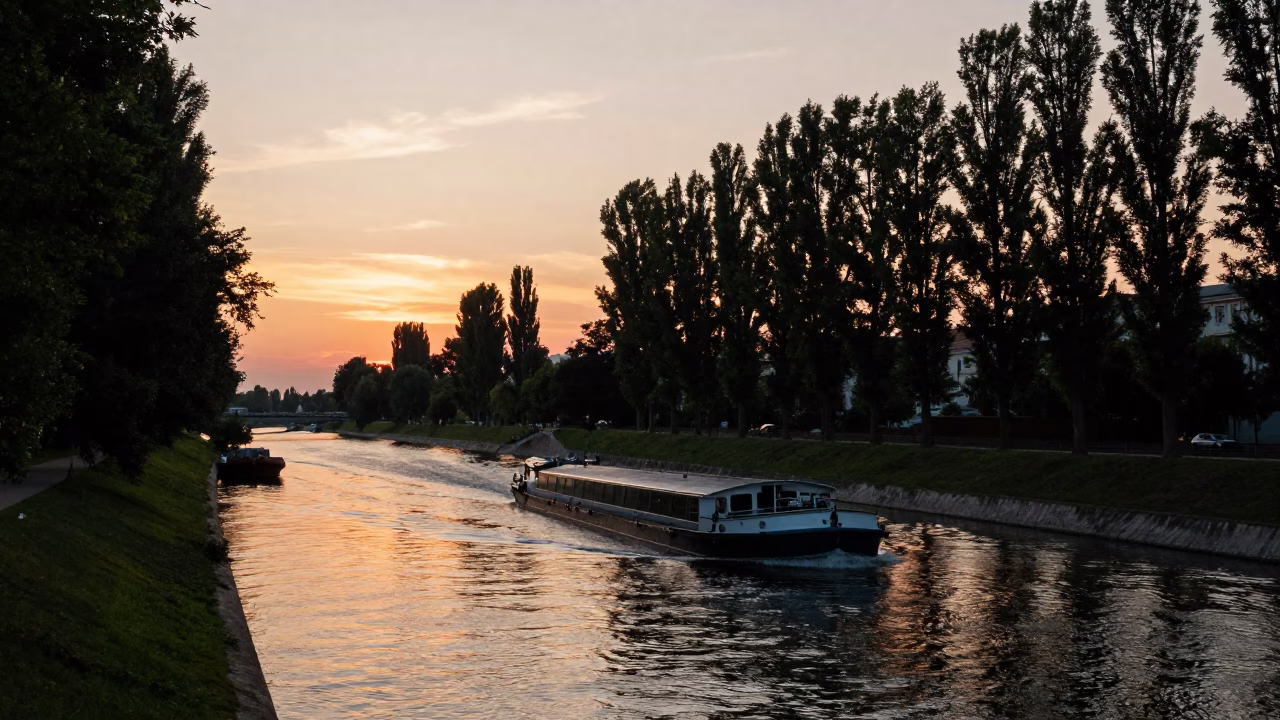 Vienna Danube Canal Sunset Barge Navigation Tree-Lined Banks in in Vienna, Austria