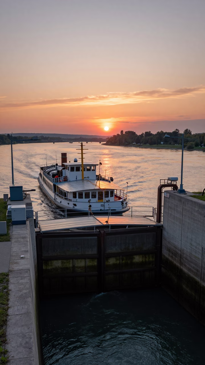 Vienna Danube Sunset with Steamboat and Concrete Floodgate Infrastructure in in Vienna, Austria