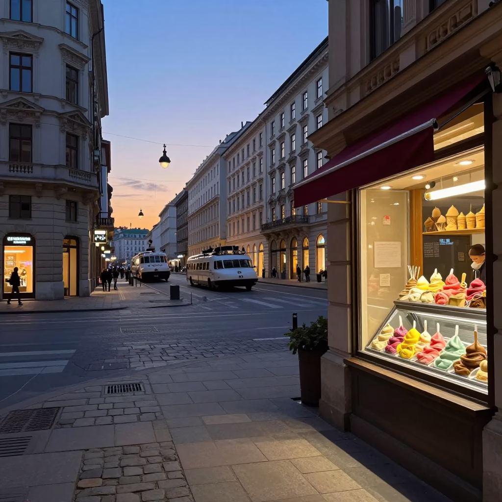 Vienna Dawn Street Scene with Gelato Display and Ferry Dock in in Vienna, Austria