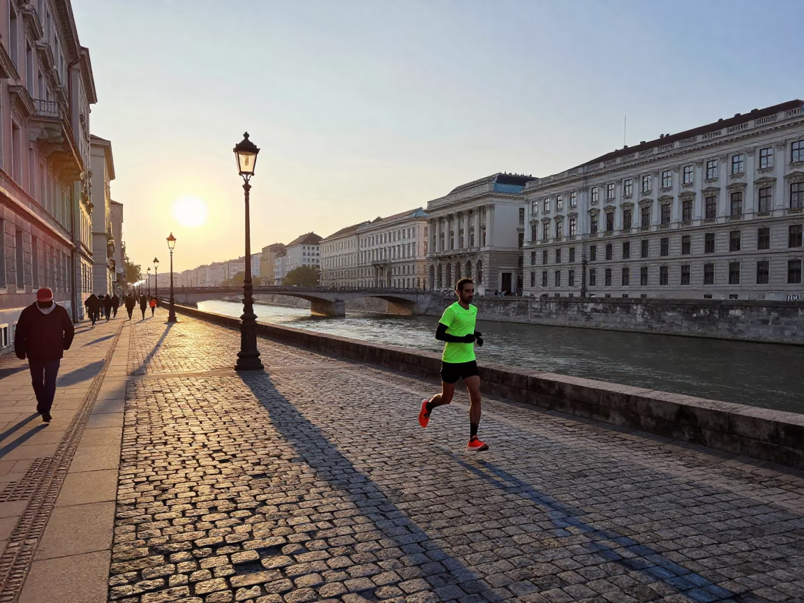 Vienna Dawn Street Scene with Marathon Runner Crossing Danube Canal Bridge in in Vienna, Austria