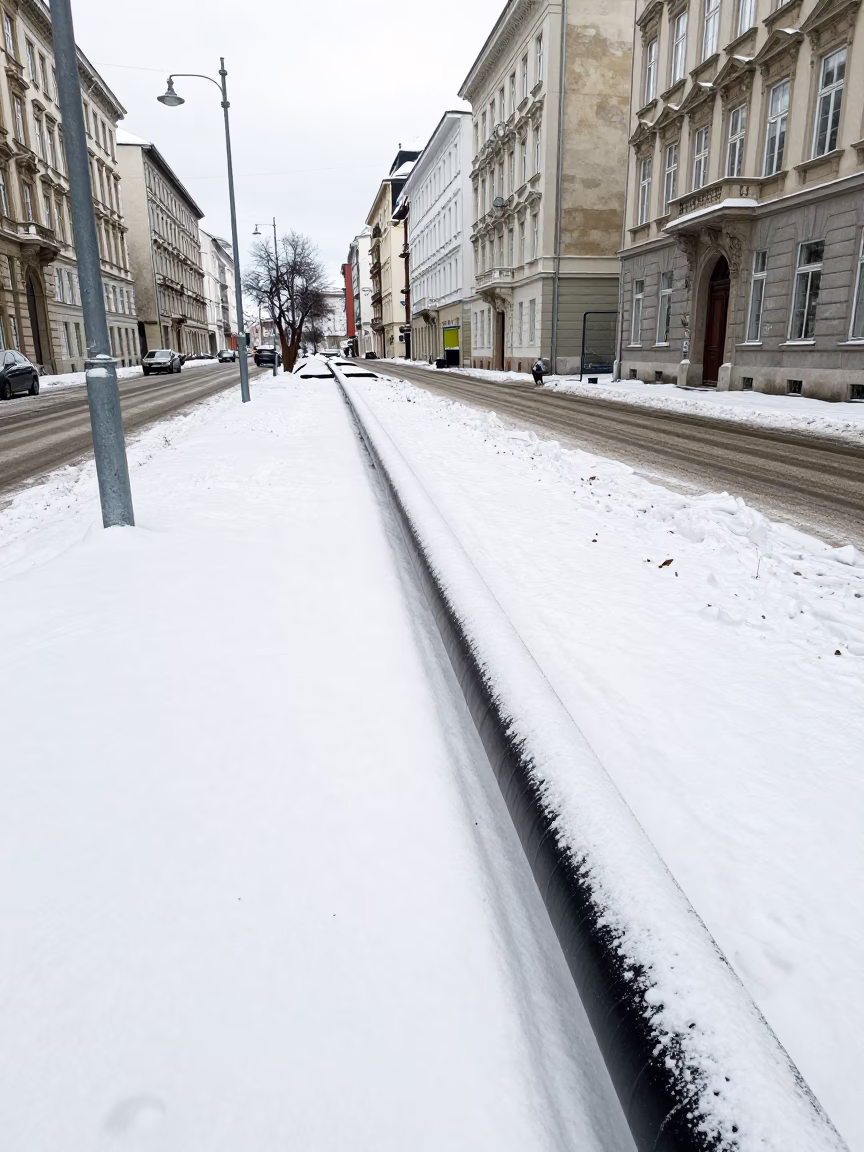Vienna District Heating Pipe Corridor Snow Noon Street Scene in in Vienna, Austria