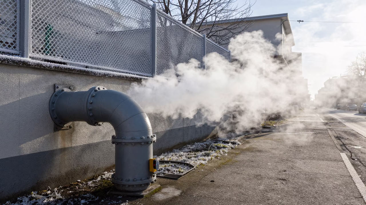 Vienna District Heating Pipe Steaming Behind Frost Fencing Early Afternoon in in Vienna, Austria
