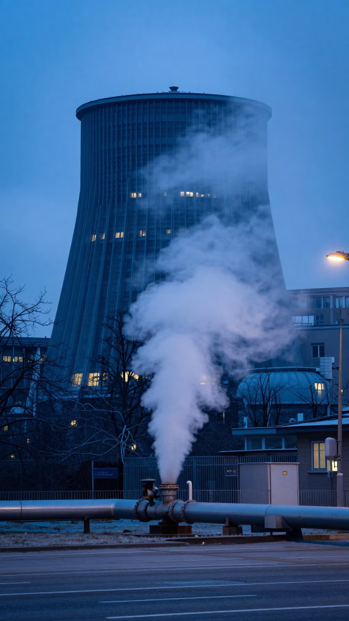 Vienna District Heating Pipe Steaming in Blue Hour Frost Behind Iron Fencing in in Vienna, Austria