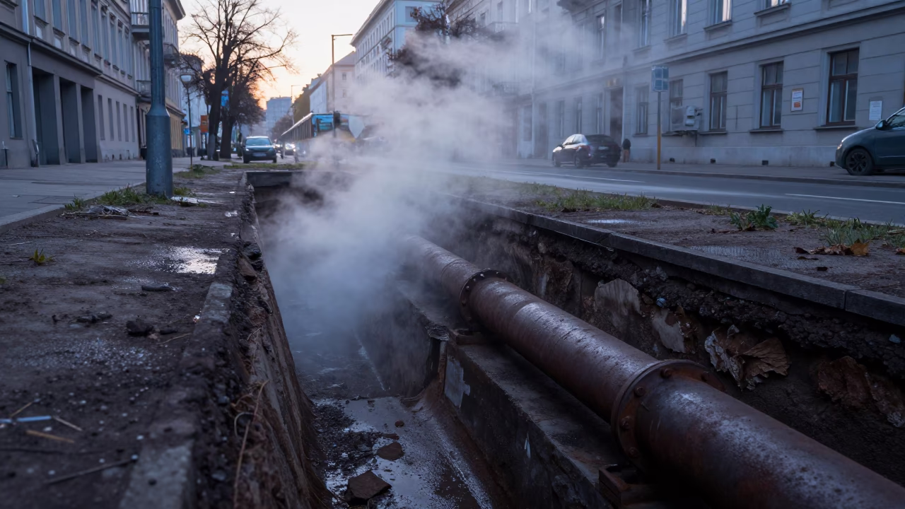 Vienna District Heating Pipe Trench Steaming Through Early Morning Autumn Leaves in in Vienna, Austria