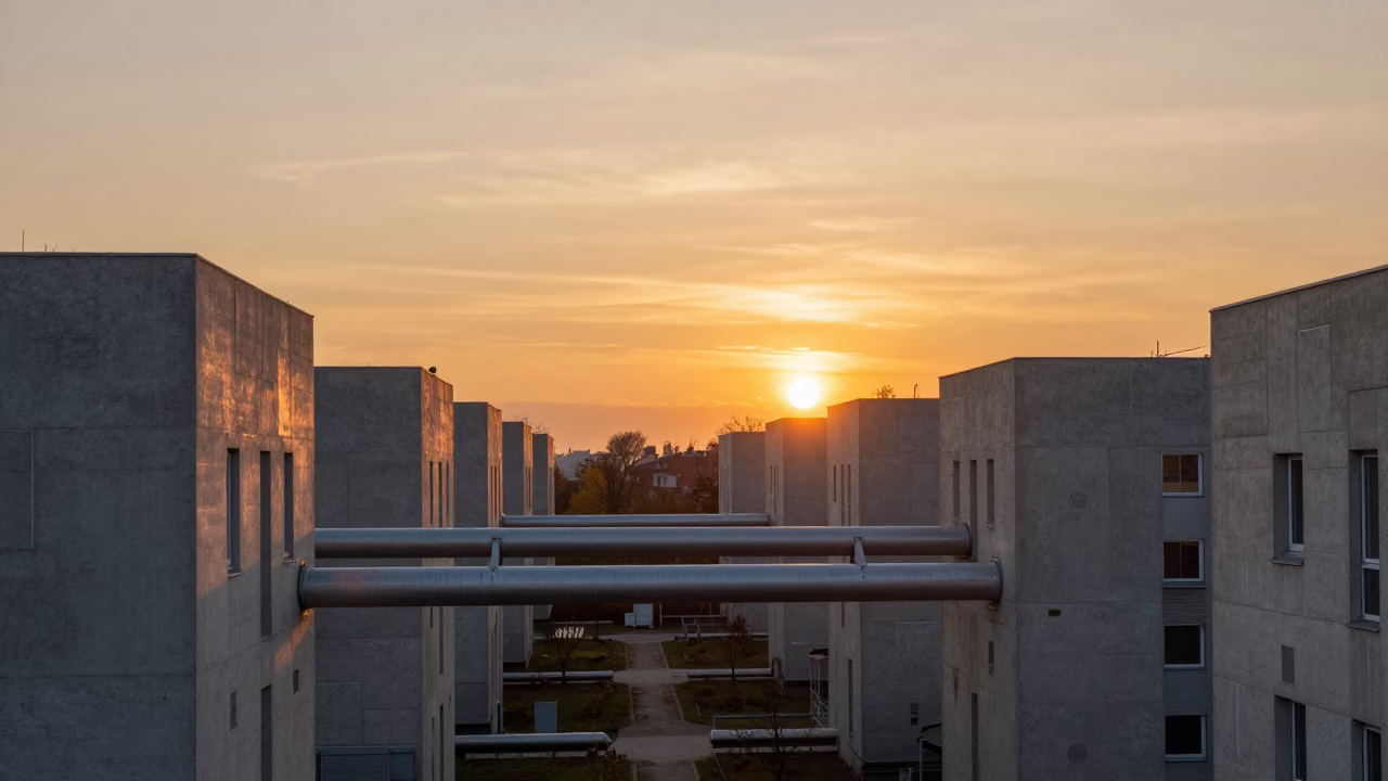 Vienna District Heating Pipes and Concrete Apartment Blocks at Sunset in in Vienna, Austria