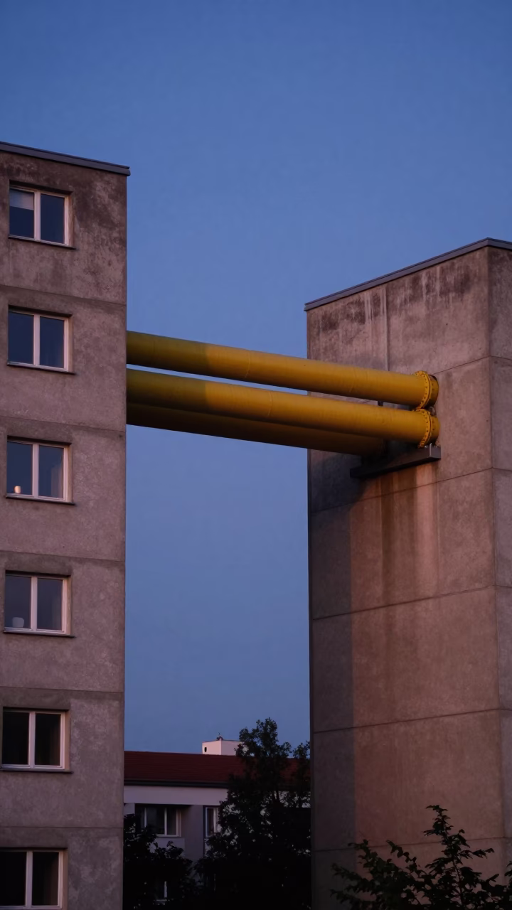 Vienna District Heating Pipes Crossing Apartment Blocks in Indigo Twilight in in Vienna, Austria