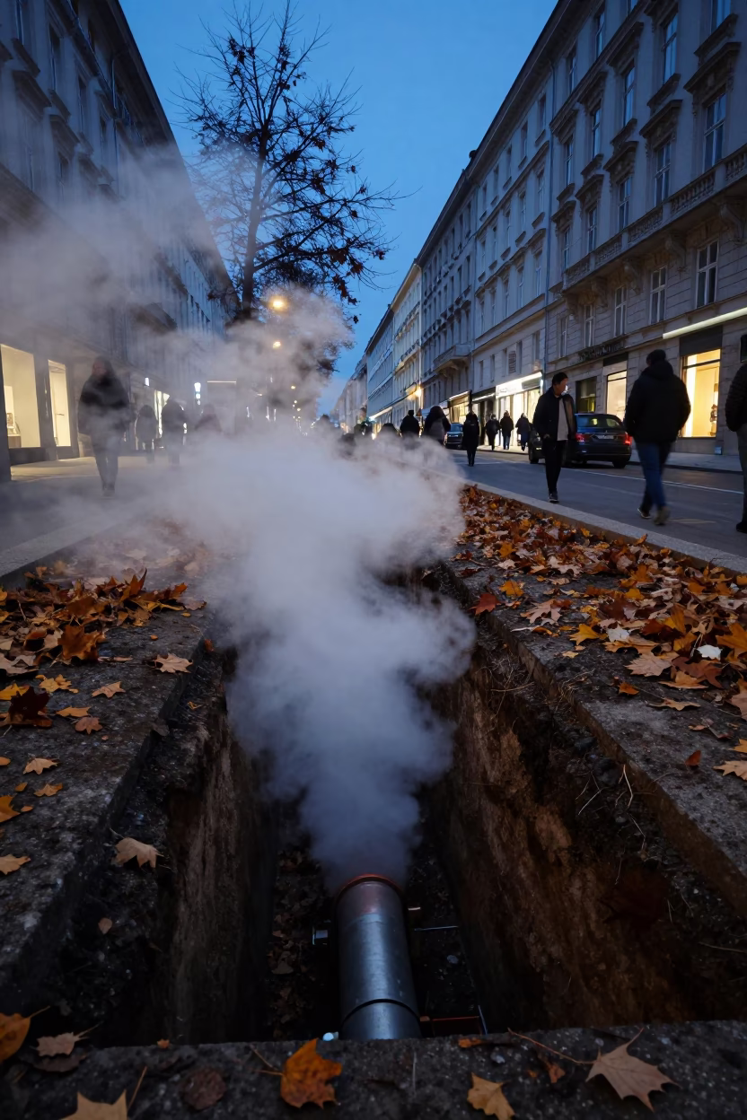 Vienna District Heating Trench Steaming Through Autumn Leaves in Indigo Twilight in in Vienna, Austria