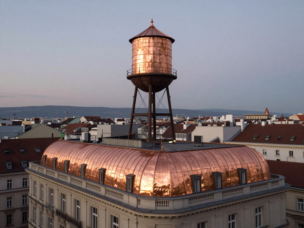 Vienna Dusk Copper Light Water Tower Rooftop and Hotel Awning Reflections in in Vienna, Austria