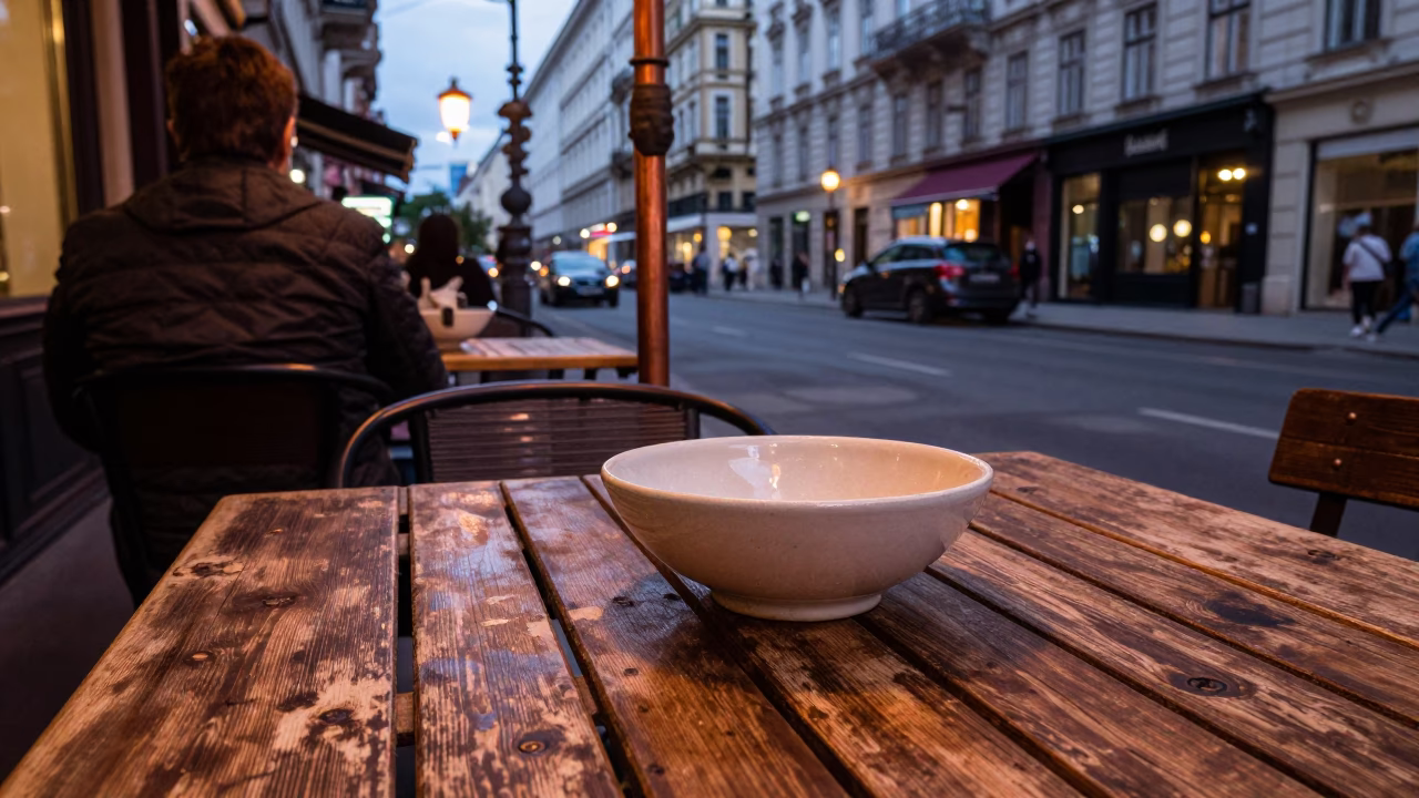 Vienna Dusk Street Scene with Ceramic Bowl and Candlesticks on Outdoor Cafe Table in in Vienna, Austria