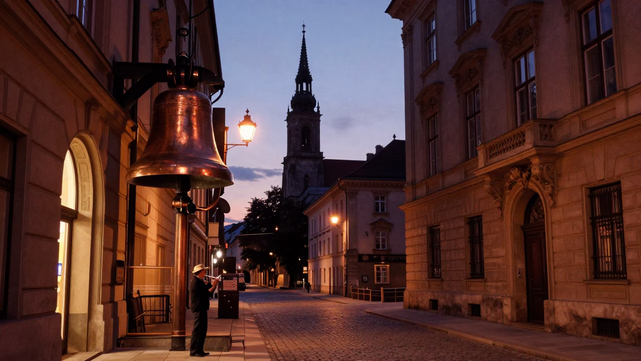 Vienna Dusk Street Scene with Church Bellows and Steel Mirror Reflection in in Vienna, Austria