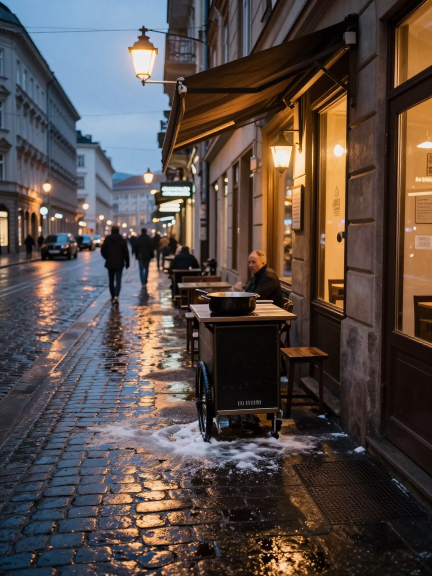 Vienna Early Evening Street Scene with Soap Residue and Saucepan in in Vienna, Austria